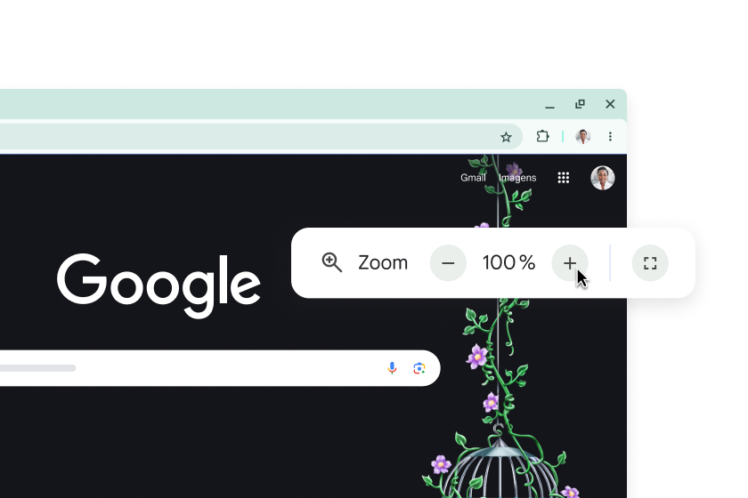 A página inicial do Chrome e um pop-up com o zoom em 100%