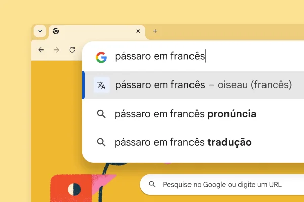 A página da Pesquisa Google com a imagem de um pássaro, uma pesquisa por 'pássaro em francês' e o resultado 'oiseau'