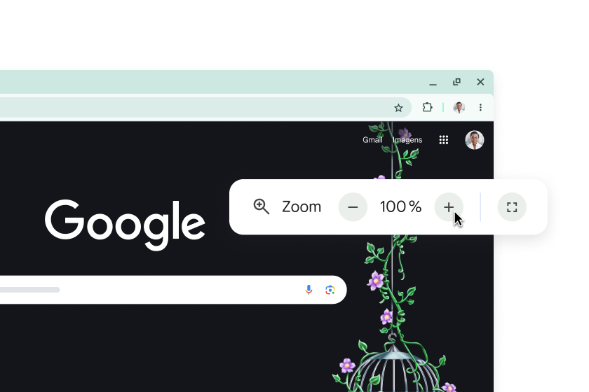 A página inicial do Google e um pop-up com o zoom definido para 100%