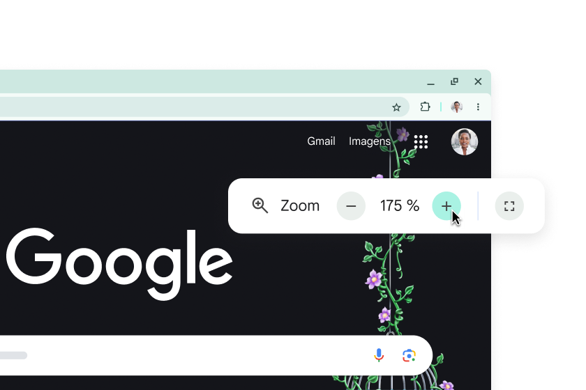 A página inicial do Google com elementos ampliados e um pop-up com o zoom definido para 175%